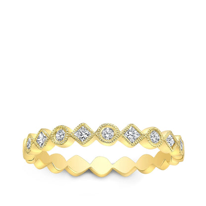 JustDesi 1/5 ct. tw. Princess Cut & Round Diamond Milgrain Stackable Ring in 14K Yellow Gold