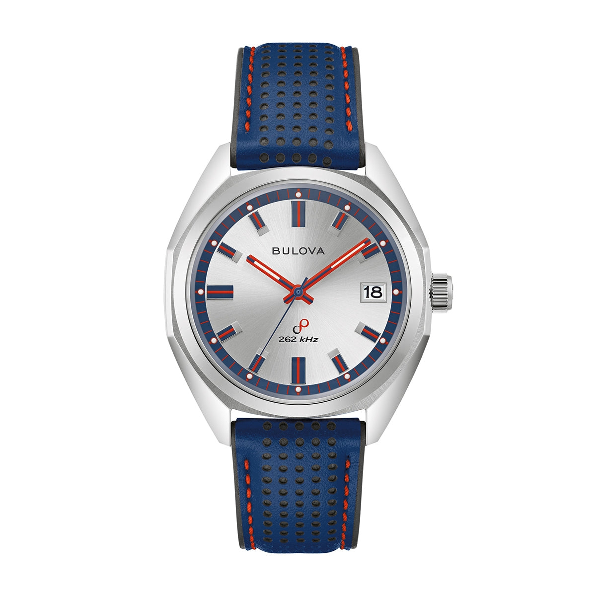 Bulova Men's Jet Star Quartz Stainless Steel Watch Set with Silver Dial & Blue Leather Strap close-up detail