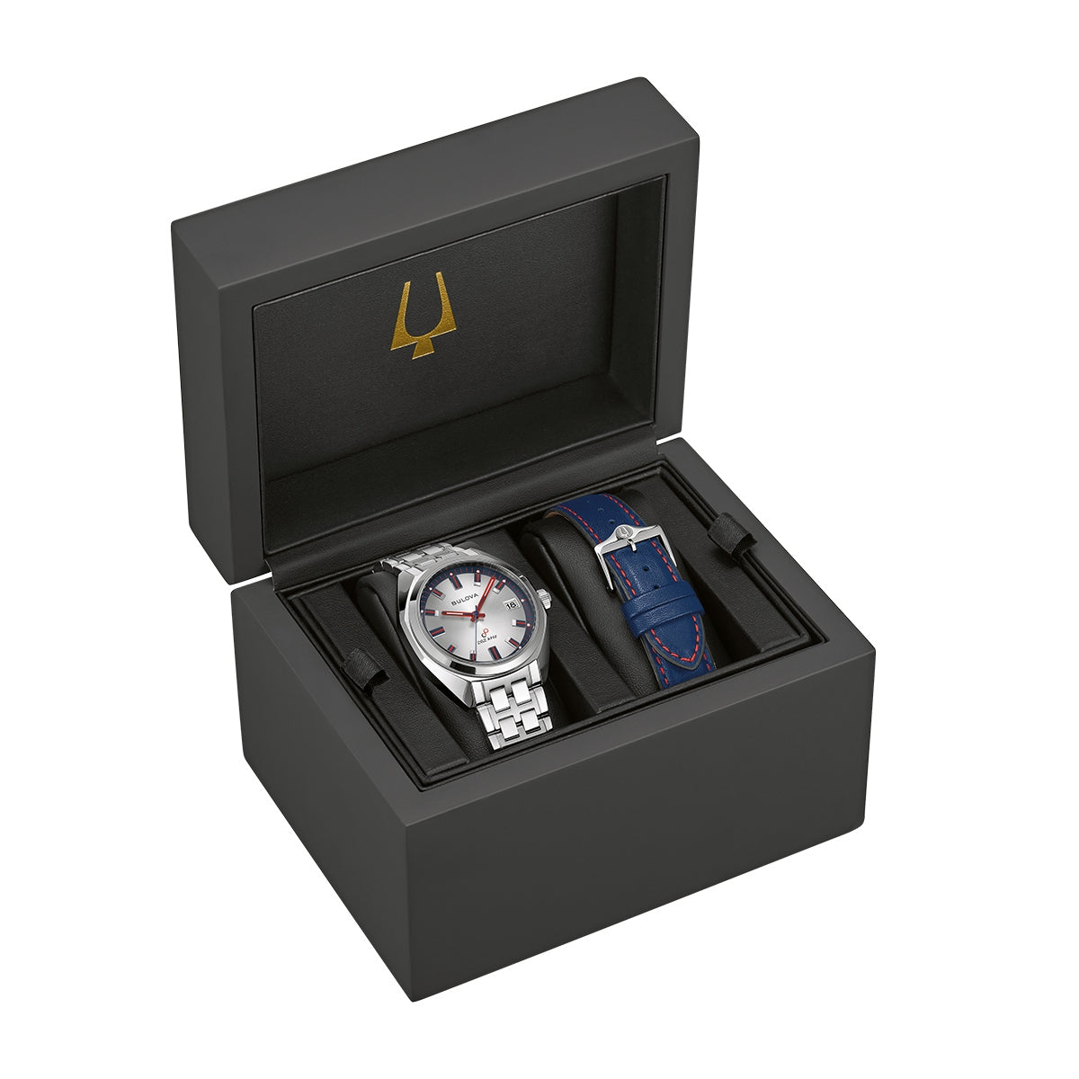 Bulova Men's Jet Star Quartz Stainless Steel Watch Set with Silver Dial & Blue Leather Strap side profile