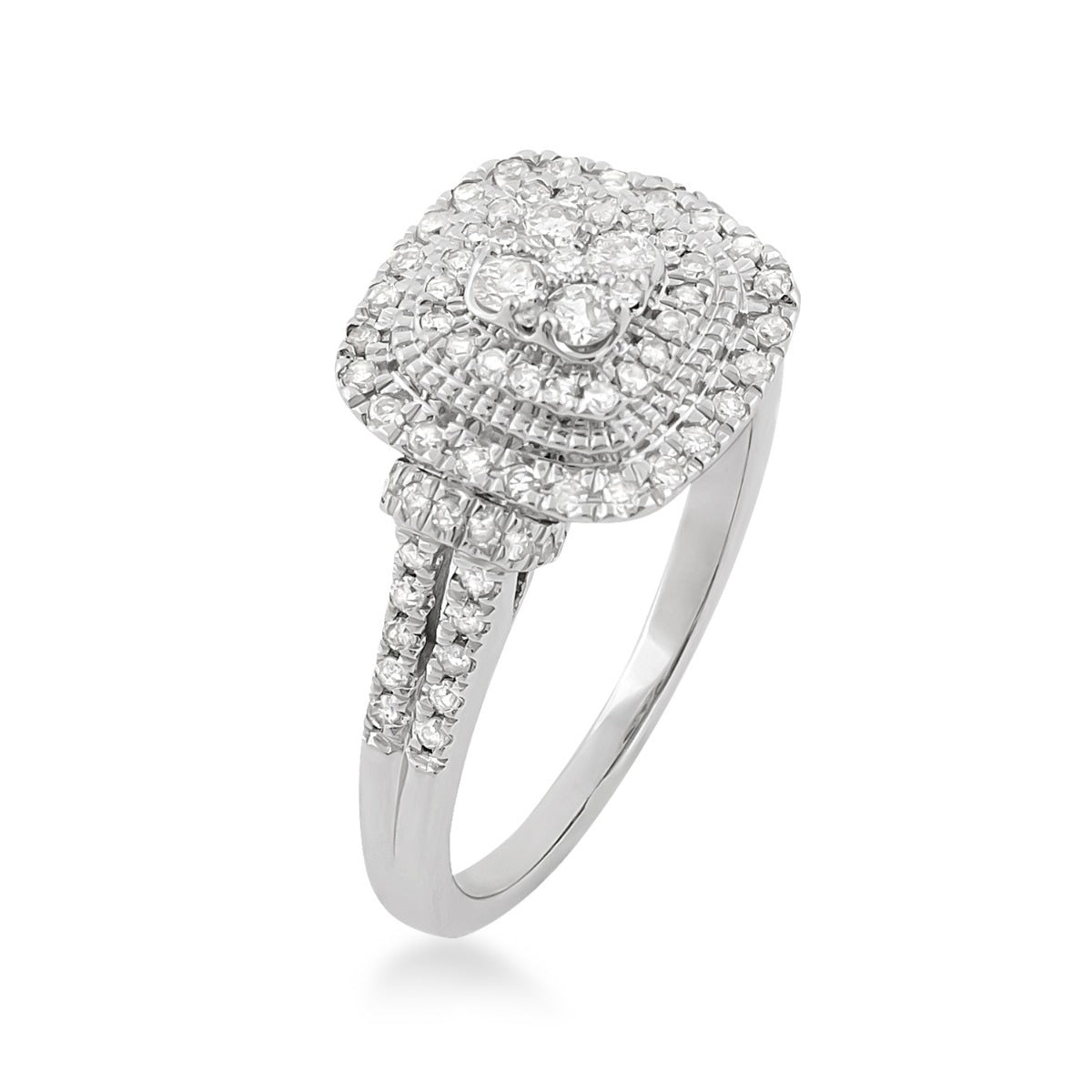 1/2 ct. tw. Diamond Cushion Cluster Milgrain Halo Ring in 10K White Gold front view