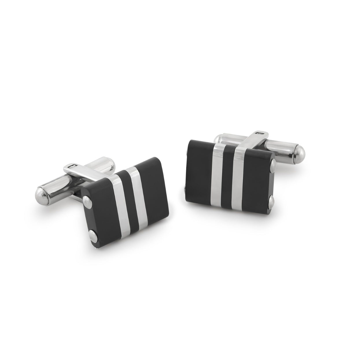 White Stripe & Black Stainless Steel Cufflinks