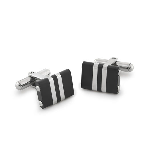 White Stripe & Black Stainless Steel Cufflinks
