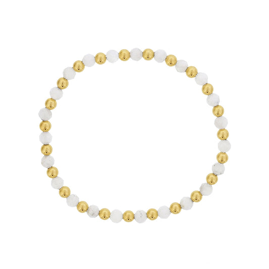 4mm White Moonstone & 14K Yellow Gold Filled Bead Alternating Stretch Bracelet