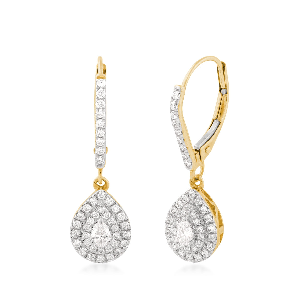 1/2 ct. tw. Pear Diamond Double Halo Dangle Earrings in 14K Yellow Gold