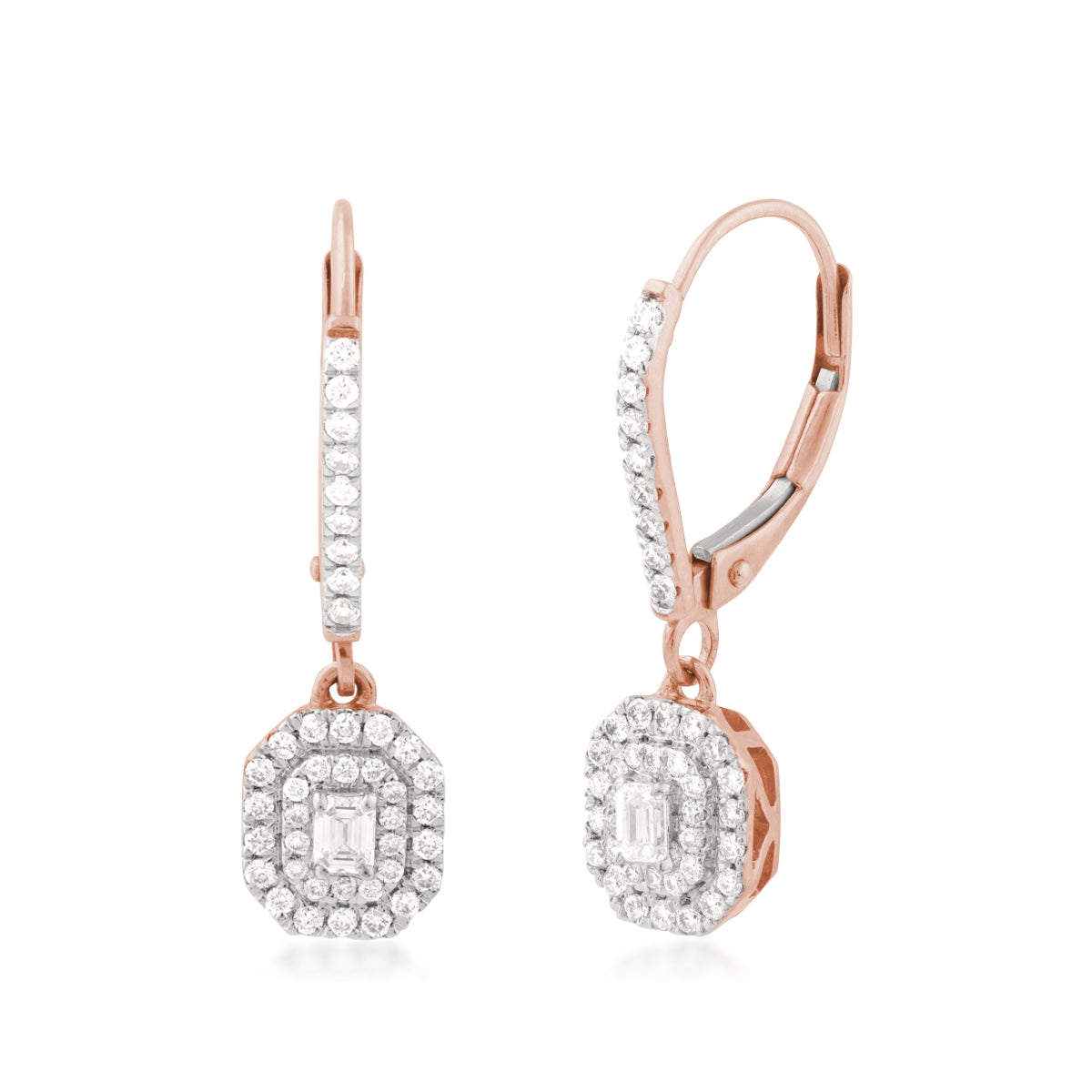 1/2 ct. tw. Emerald Cut Diamond Double Halo Dangle Earrings in 14K Pink Gold
