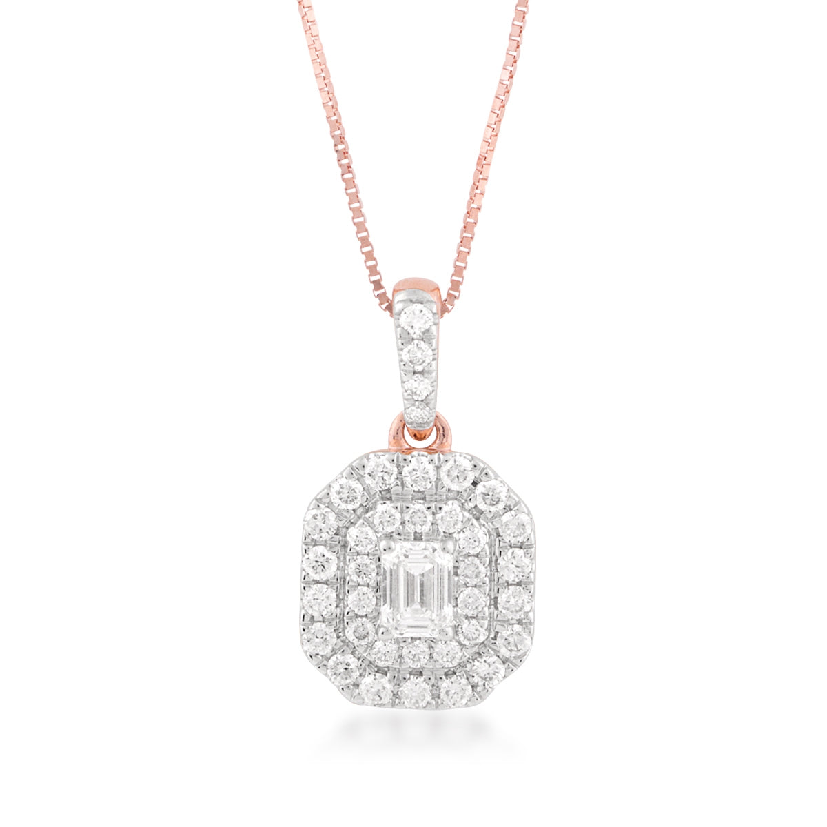 1/2 ct. tw. Emerald Cut Diamond Double Halo Pendant in 14K Pink Gold