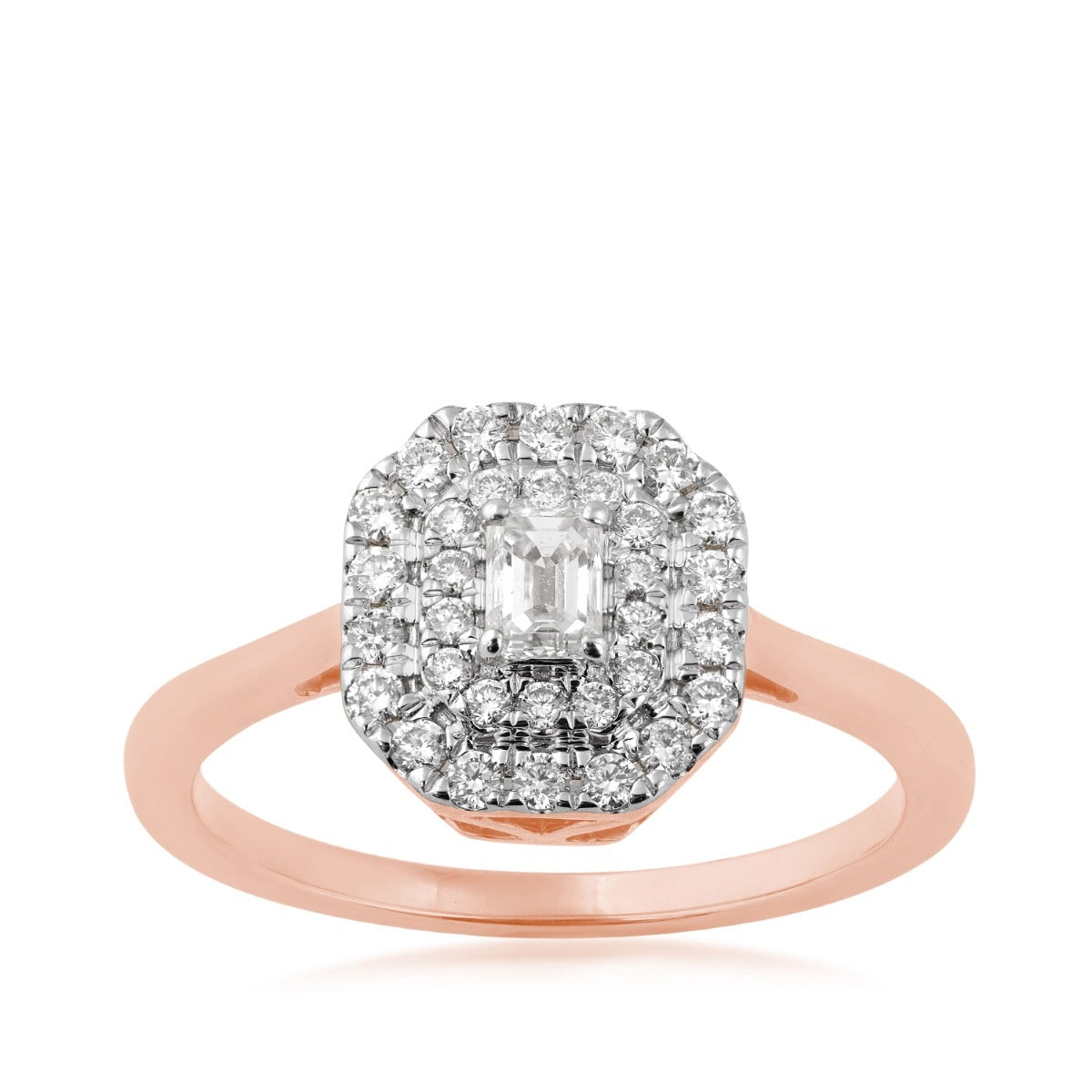 1/2 ct. tw. Emerald Cut Diamond Double Halo Ring in 14K Pink Gold