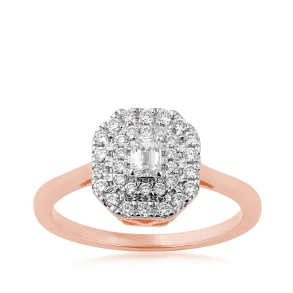 1/2 ct. tw. Emerald Cut Diamond Double Halo Ring in 14K Pink Gold