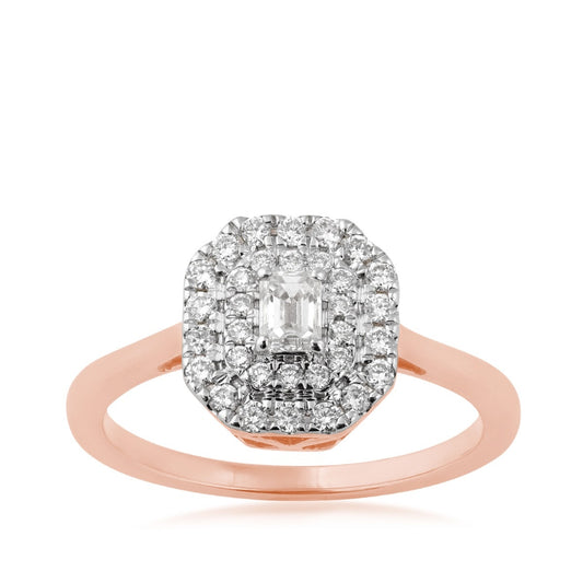 1/2 ct. tw. Emerald Cut Diamond Double Halo Ring in 14K Pink Gold