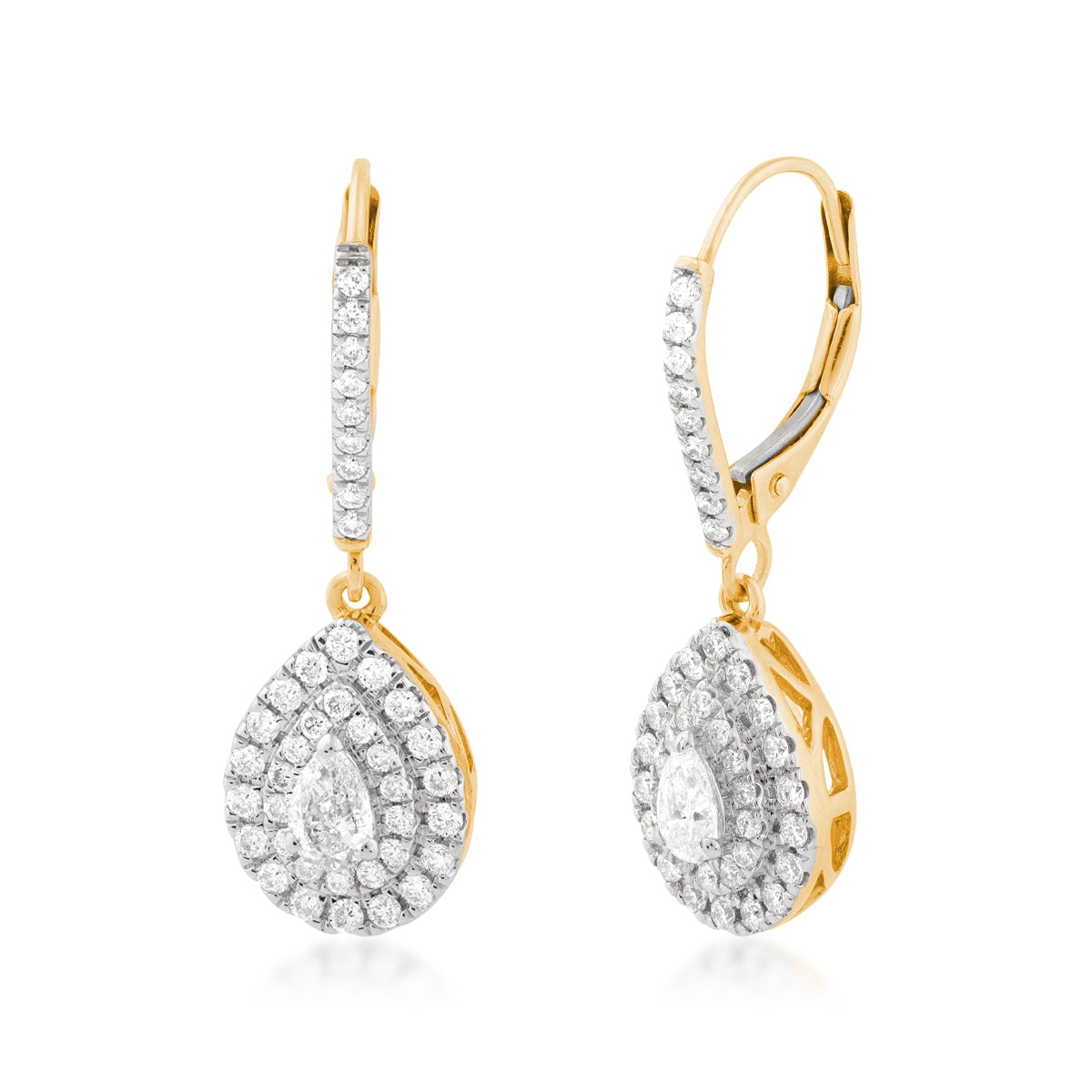 1 ct. tw. Pear Diamond Double Halo Dangle Earrings in 14K Yellow Gold