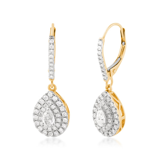 1 ct. tw. Pear Diamond Double Halo Dangle Earrings in 14K Yellow Gold