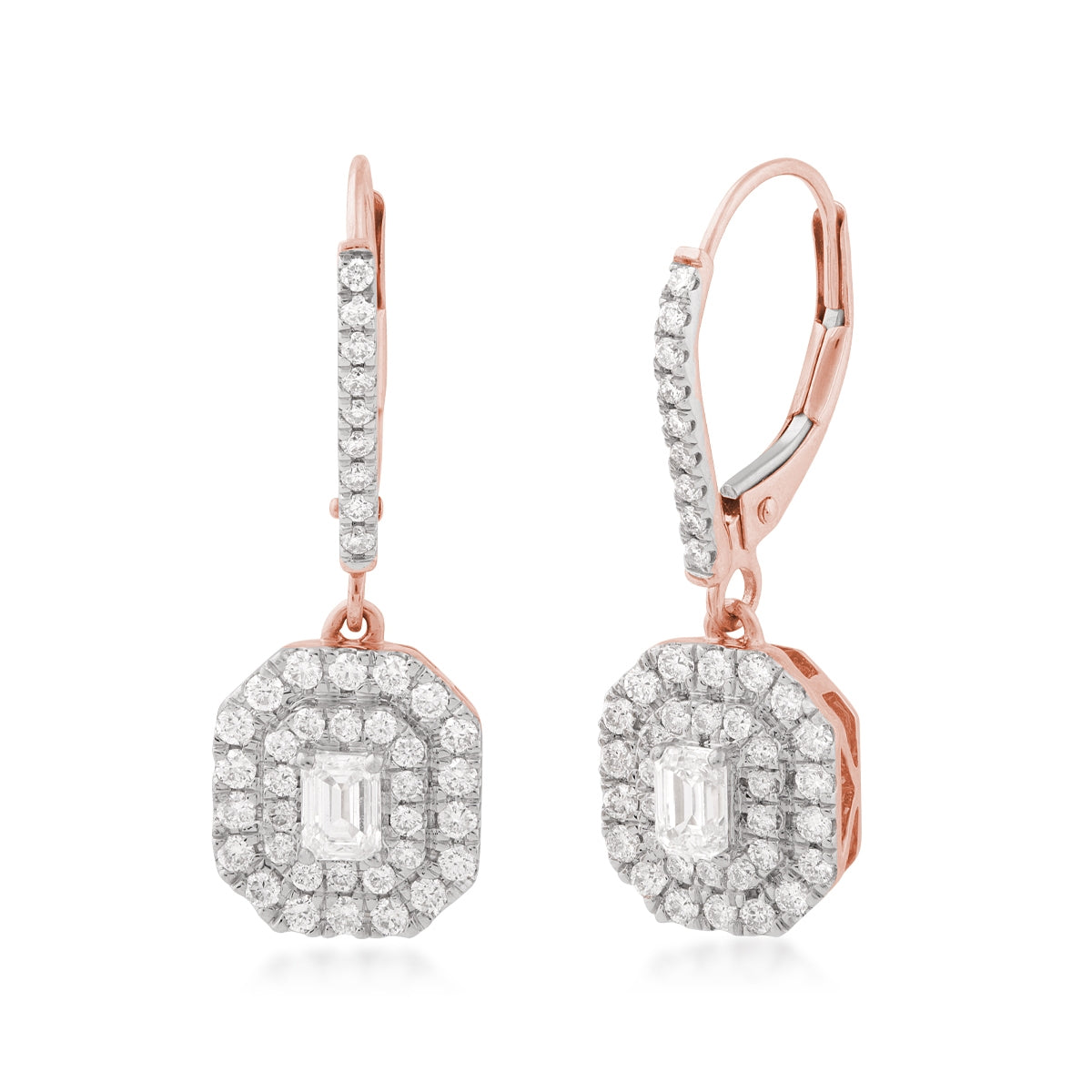 1-1/10 ct. tw. Emerald Cut Diamond Double Halo Dangle Earrings in 14K Pink Gold