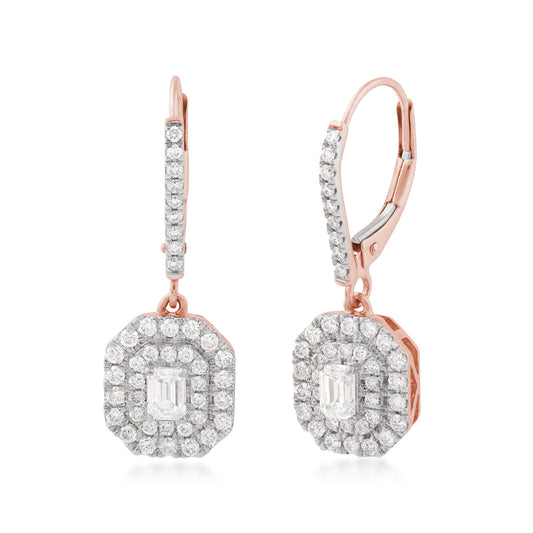 1-1/10 ct. tw. Emerald Cut Diamond Double Halo Dangle Earrings in 14K Pink Gold