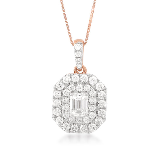 1 ct. tw. Emerald Cut Diamond Double Halo Pendant in 14K Pink Gold
