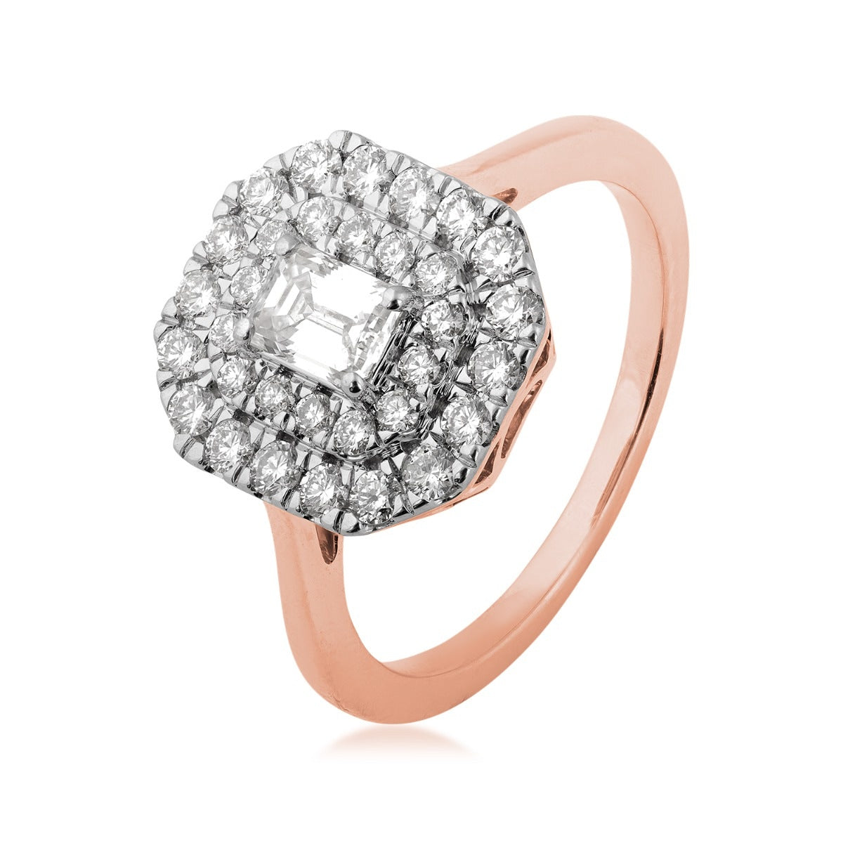 1 ct. tw. Emerald Cut Diamond Double Halo Ring in 14K Pink Gold front view