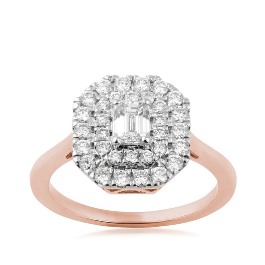 1 ct. tw. Emerald Cut Diamond Double Halo Ring in 14K Pink Gold