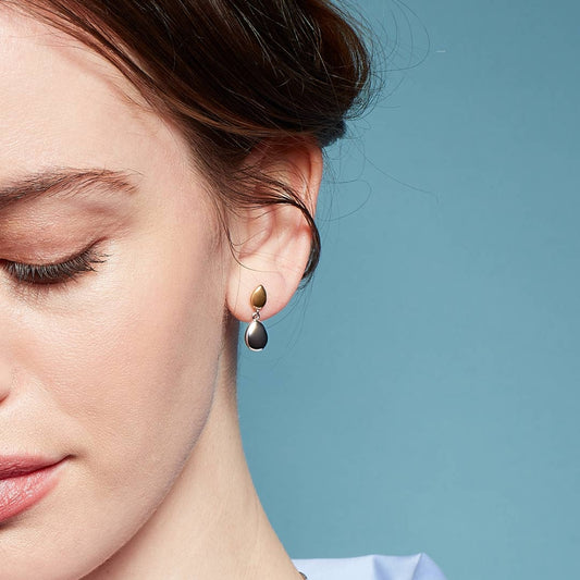 Kit Heath Double Droplet Dangle Earrings in Sterling Silver & 18K Yellow Gold Plating front view