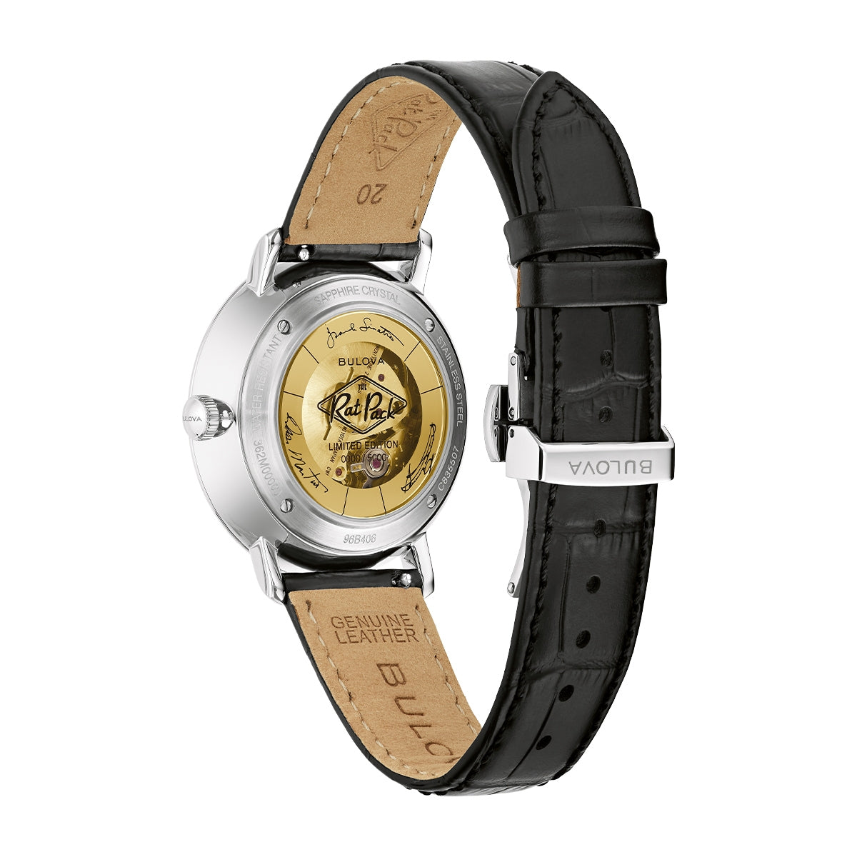 Bulova Men's Frank Sinatra Rat Pack Automatic Stainless Steel Watch with Black & Gold Dial & Leather Strap close-up detail