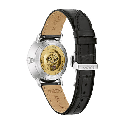 Bulova Men's Frank Sinatra Rat Pack Automatic Stainless Steel Watch with Black & Gold Dial & Leather Strap close-up detail