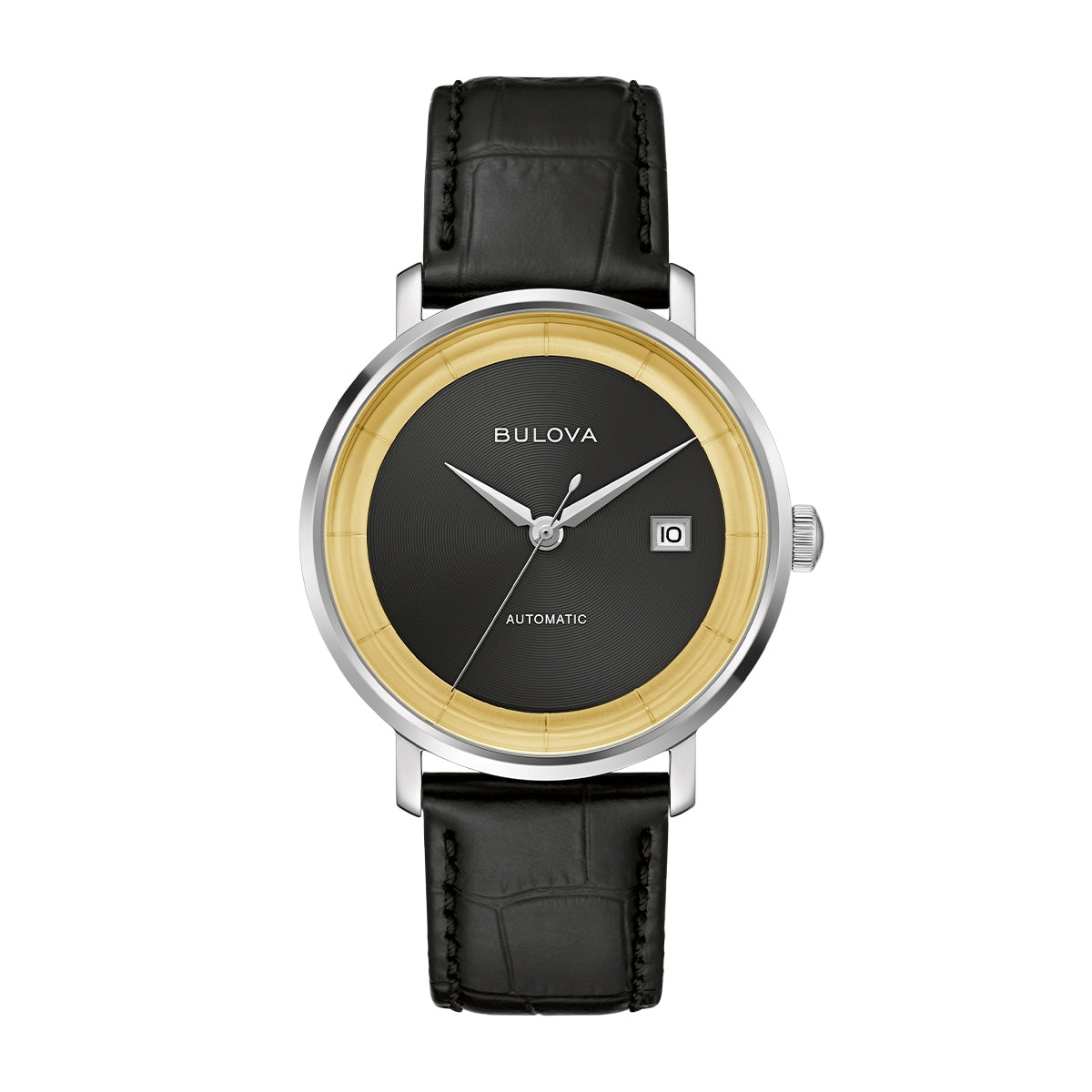 Bulova Men's Frank Sinatra Rat Pack Automatic Stainless Steel Watch with Black & Gold Dial & Leather Strap