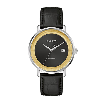 Bulova Men's Frank Sinatra Rat Pack Automatic Stainless Steel Watch with Black & Gold Dial & Leather Strap