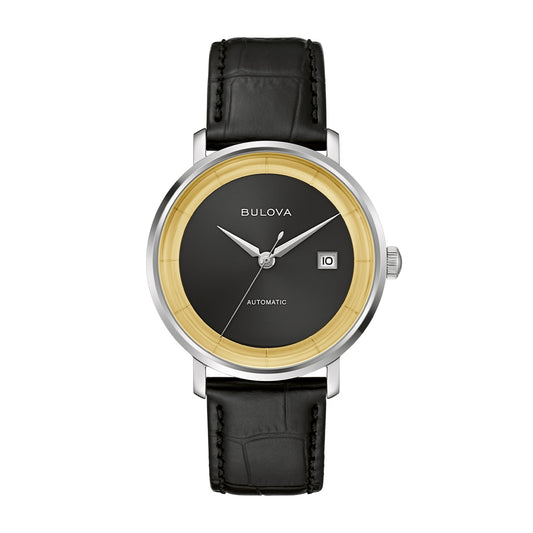 Bulova Men's Frank Sinatra Rat Pack Automatic Stainless Steel Watch with Black & Gold Dial & Leather Strap