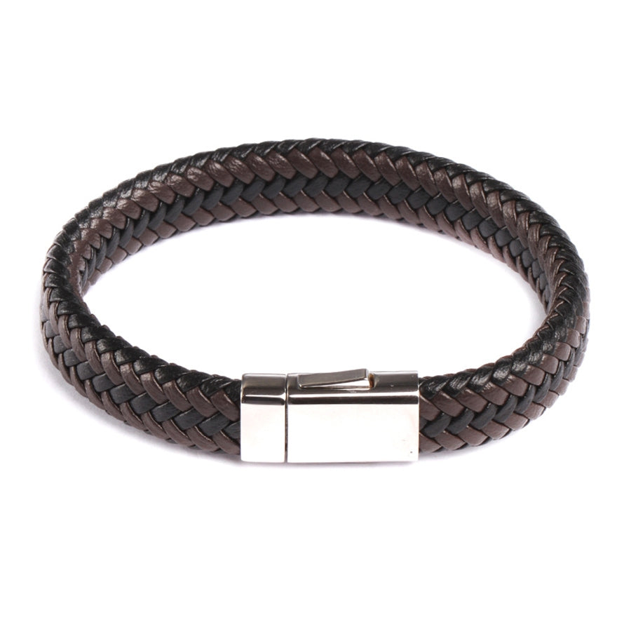 Men's 12mm 8.5-inch Brown & Black Braided Leather Bracelet in Stainless Steel