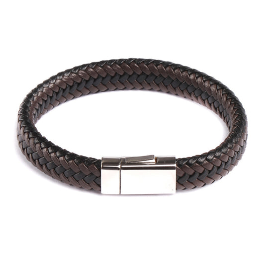 Men's 12mm 8.5-inch Brown & Black Braided Leather Bracelet in Stainless Steel