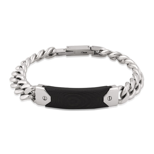 Men's 9-inch Adjustable Black Carbon Fiber Bar Bracelet in Stainless Steel
