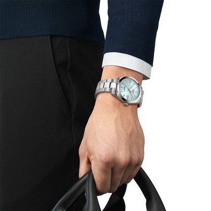 stainless steel men's Tissot Gentleman automatic watch with blue dial