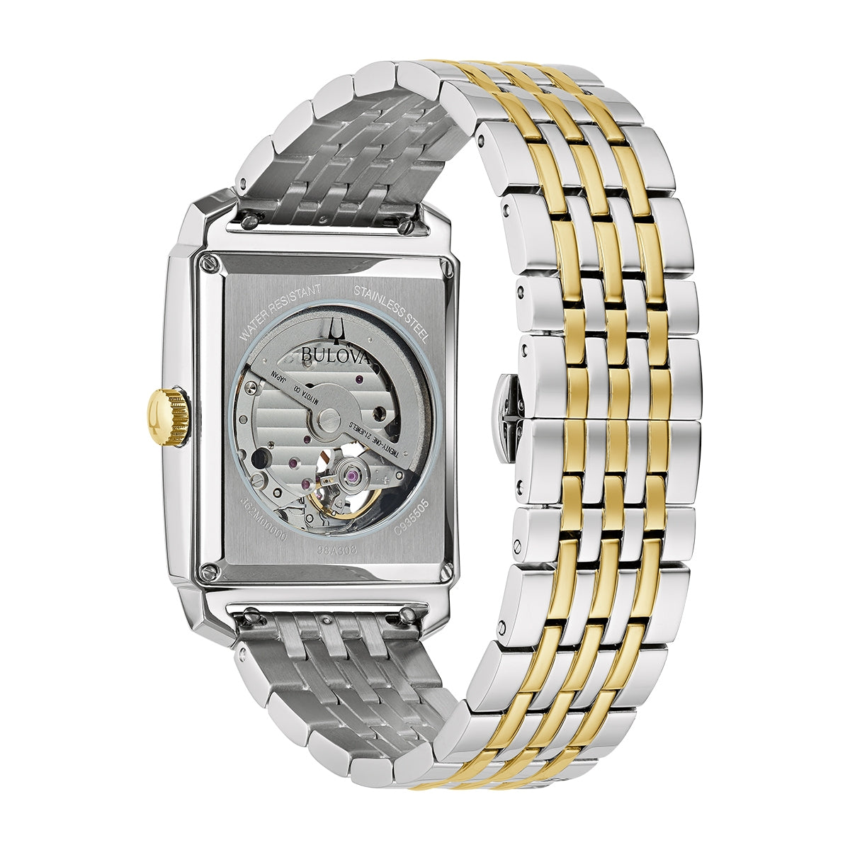 Bulova Men's Sutton Automatic White & Gold-Tone Stainless Steel Watch with Silver & Gold Accented Dial close-up detail