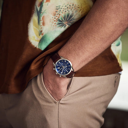Bulova Men's Sutton Quartz Chronograph Stainless Steel Watch with Blue Dial & Leather Strap side profile