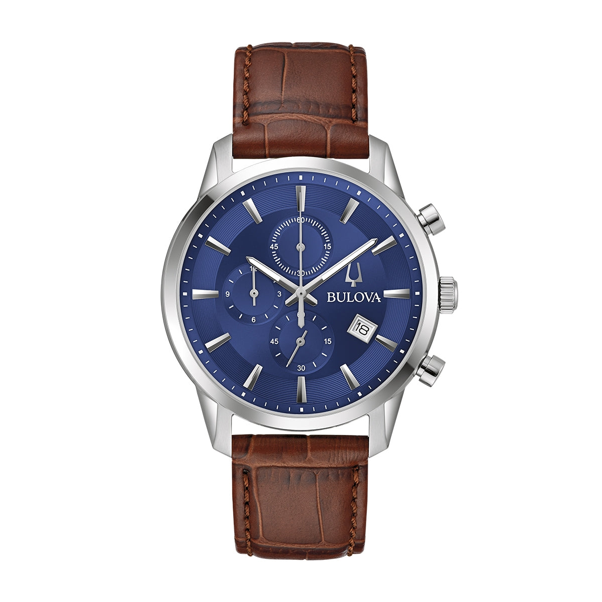 Bulova Men's Sutton Quartz Chronograph Stainless Steel Watch with Blue Dial & Leather Strap