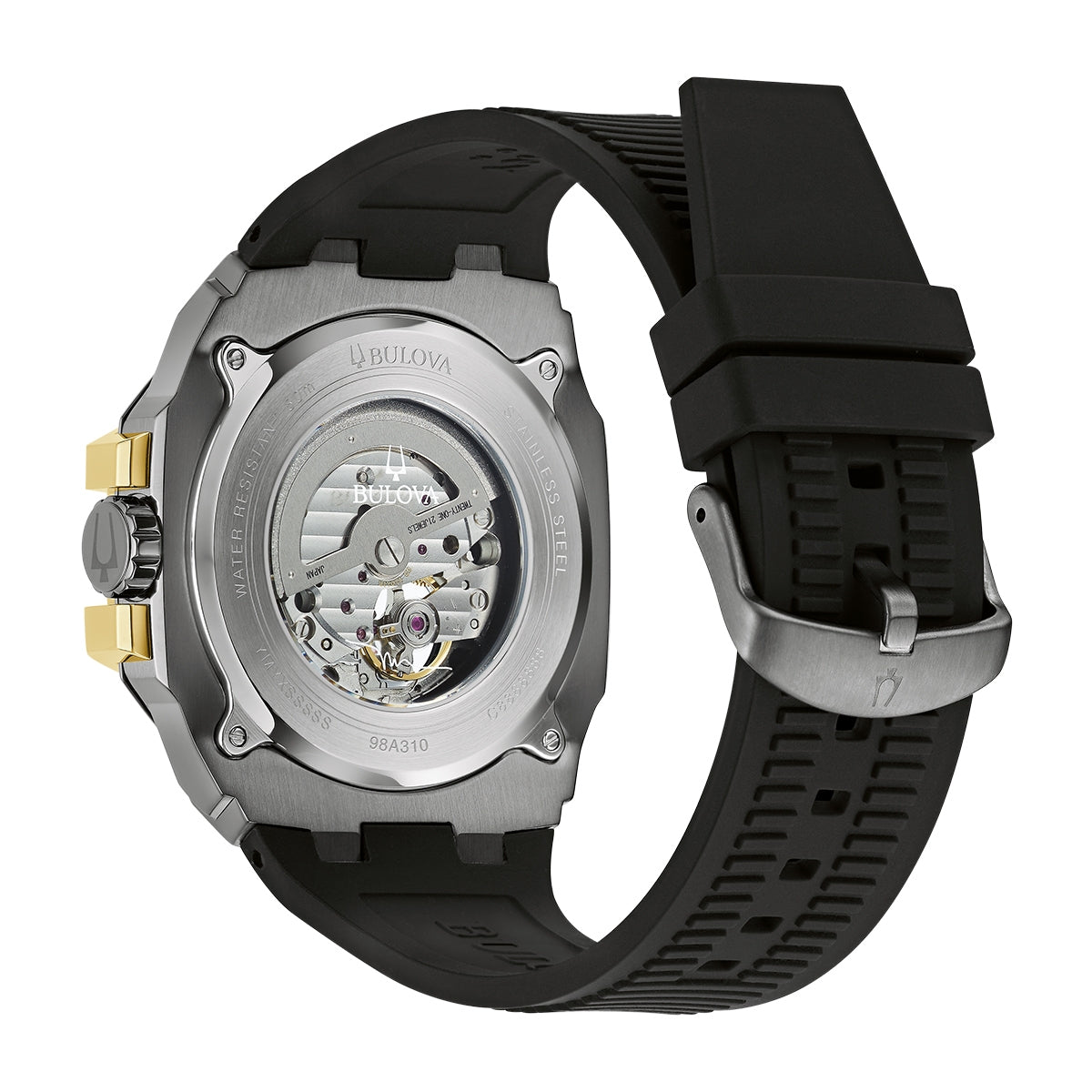 Bulova Men's Marc Anthony Maquina Automatic Gray & Gold-Tone Stainless Steel Watch with Gray Open Aperture close-up detail