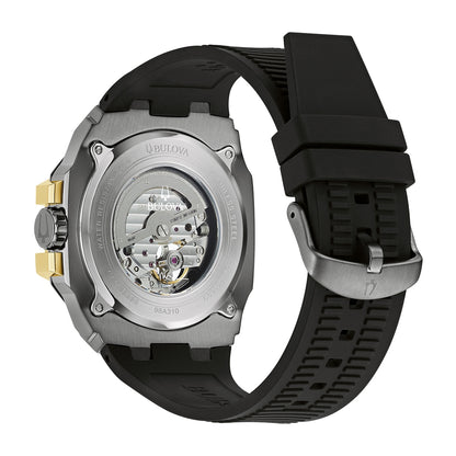 Bulova Men's Marc Anthony Maquina Automatic Gray & Gold-Tone Stainless Steel Watch with Gray Open Aperture close-up detail