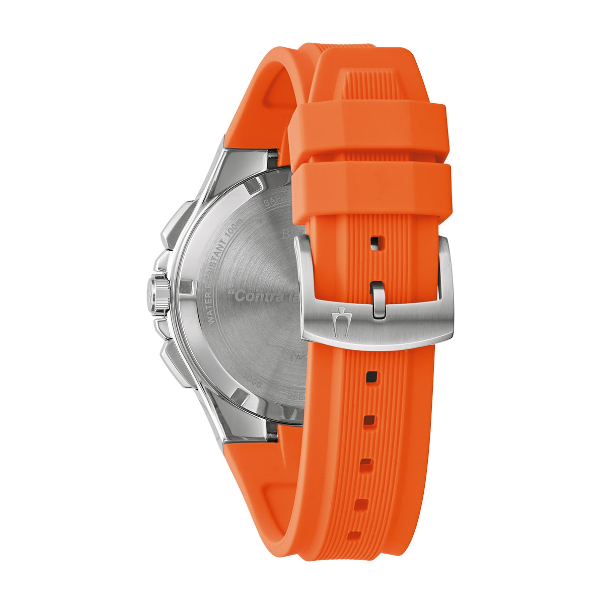 Bulova Men's Marc Anthony Maquina Quartz Chronograph Stainless Steel Watch with Blue Dial & Orange Silicone close-up detail