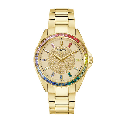 Bulova Phantom Quartz Gold-Tone Stainless Steel Watch with Rainbow Crystals & Champagne Dial