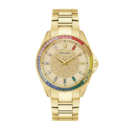 Bulova Phantom Quartz Gold-Tone Stainless Steel Watch with Rainbow Crystals & Champagne Dial