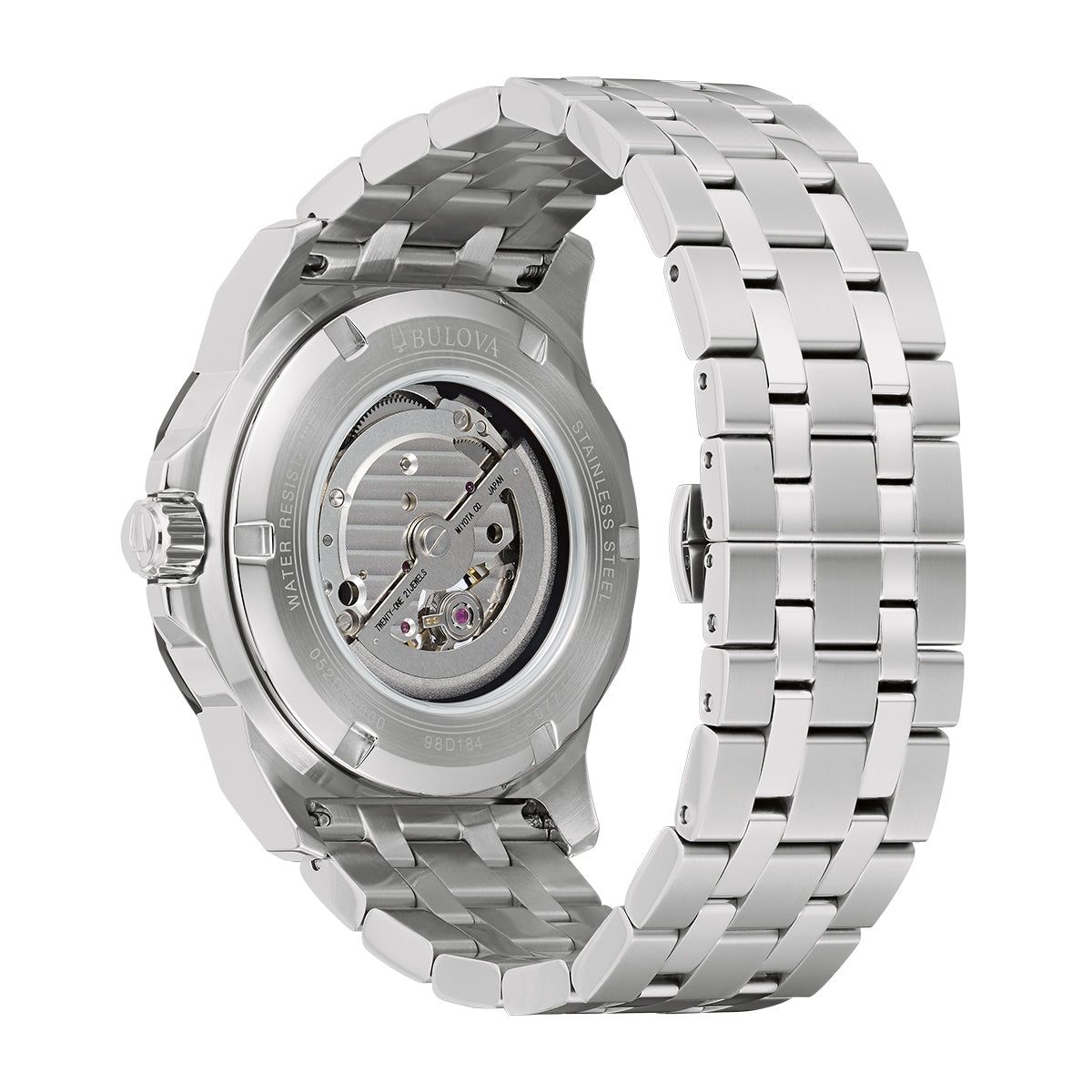 Bulova Men's Marc Anthony Marine Star Automatic Stainless Steel Watch with Diamond Accent Blue Dial close-up detail