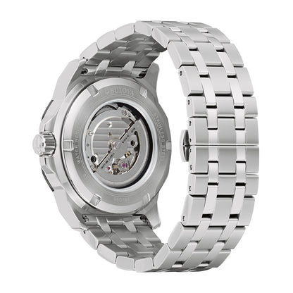 Bulova Men's Marc Anthony Marine Star Automatic Stainless Steel Watch with Diamond Accent Blue Dial close-up detail