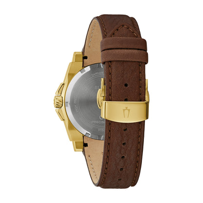 Bulova Men's Icon Quartz Gold-Tone Stainless Steel Watch with Black Dial & Leather Strap close-up detail