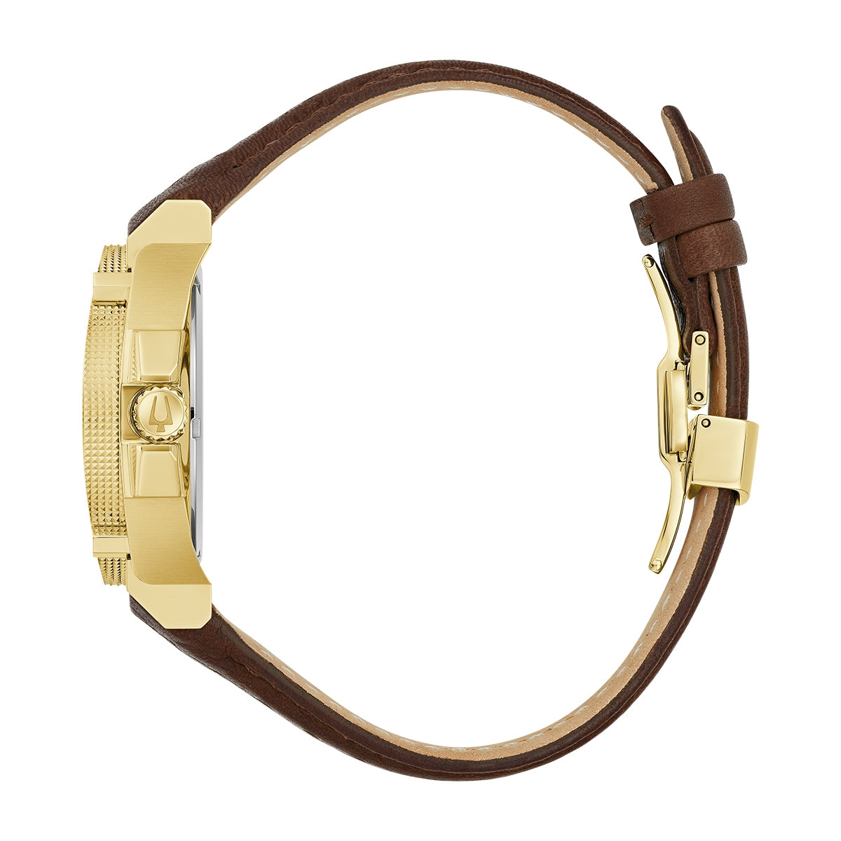 Bulova Men's Icon Quartz Gold-Tone Stainless Steel Watch with Black Dial & Leather Strap front view