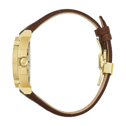 Bulova Men's Icon Quartz Gold-Tone Stainless Steel Watch with Black Dial & Leather Strap front view