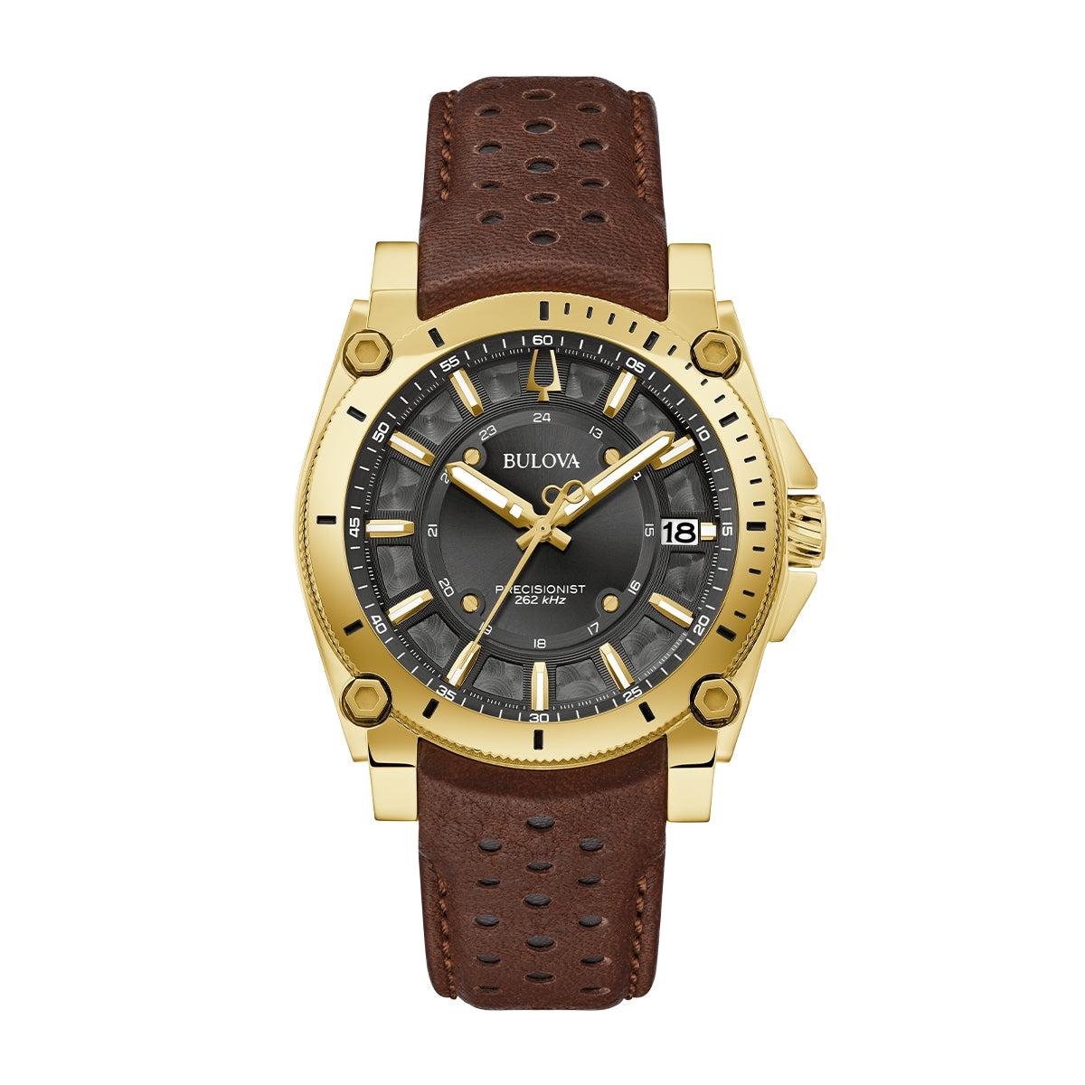 Bulova Men's Icon Quartz Gold-Tone Stainless Steel Watch with Black Dial & Leather Strap