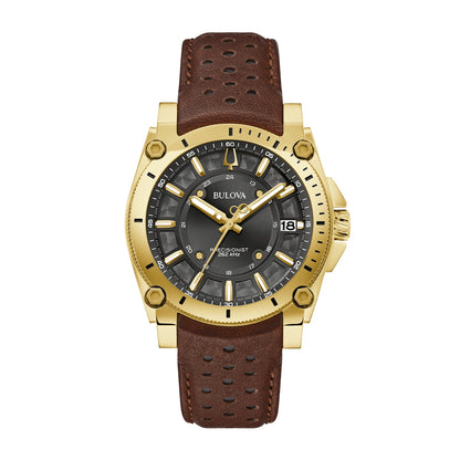 Bulova Men's Icon Quartz Gold-Tone Stainless Steel Watch with Black Dial & Leather Strap