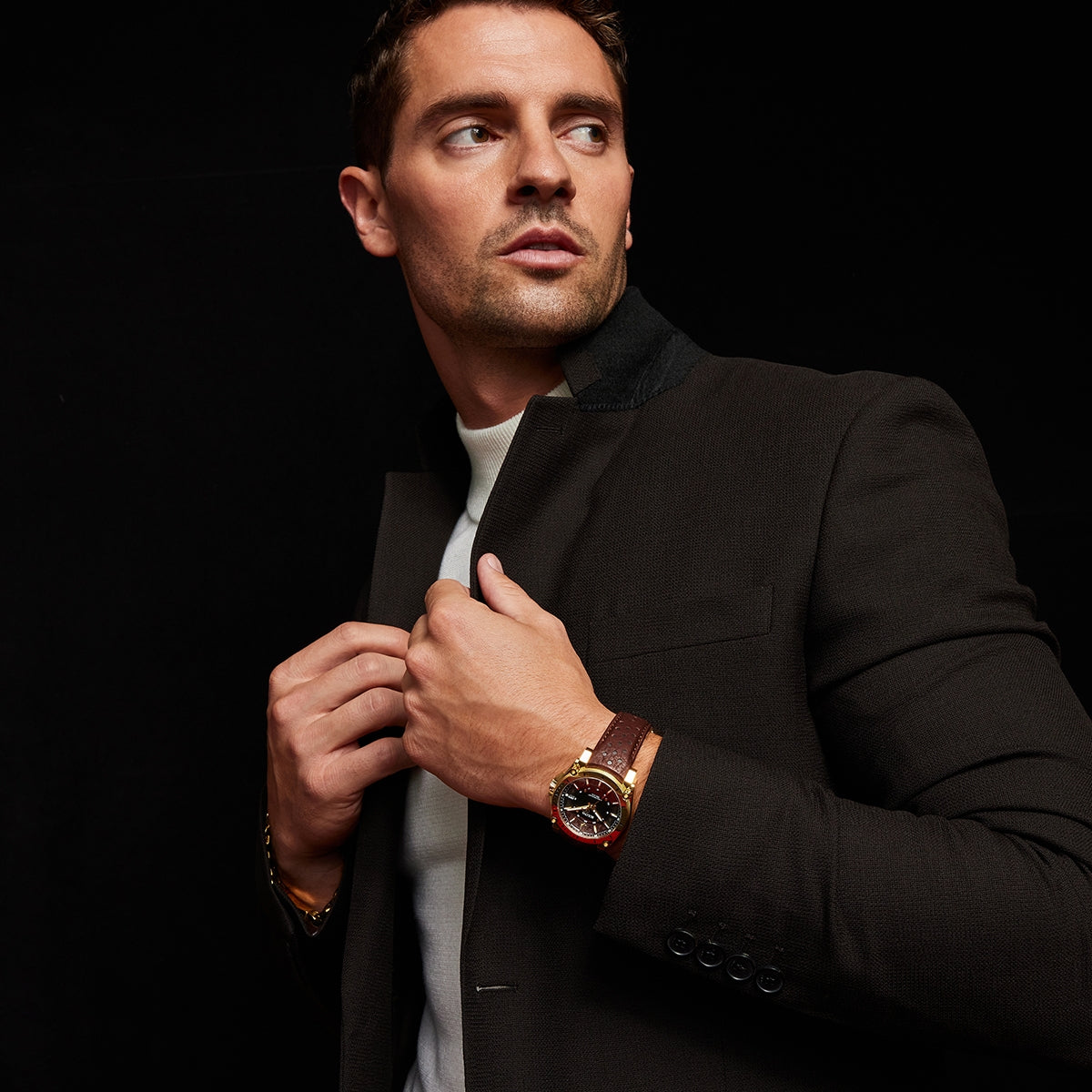 Bulova Men's Icon Quartz Gold-Tone Stainless Steel Watch with Black Dial & Leather Strap side profile