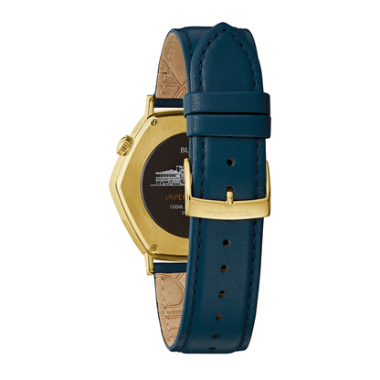 Bulova Men's Frank Lloyd Wright Imperial Hotel Quartz Gold-Tone Stainless Steel Watch with Blue Leather Strap close-up detail