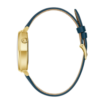 Bulova Men's Frank Lloyd Wright Imperial Hotel Quartz Gold-Tone Stainless Steel Watch with Blue Leather Strap front view