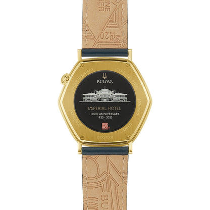 Bulova Men's Frank Lloyd Wright Imperial Hotel Quartz Gold-Tone Stainless Steel Watch with Blue Leather Strap side profile