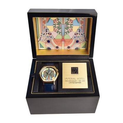Bulova Men's Frank Lloyd Wright Imperial Hotel Quartz Gold-Tone Stainless Steel Watch with Blue Leather Strap full view